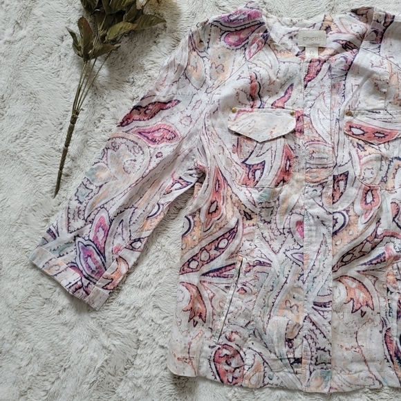 ✨CL Chico's 100% Linen Paisley Pastel Color Print Full Zip 3/4 Sleeve Blazer 0 - Picture 4 of 13